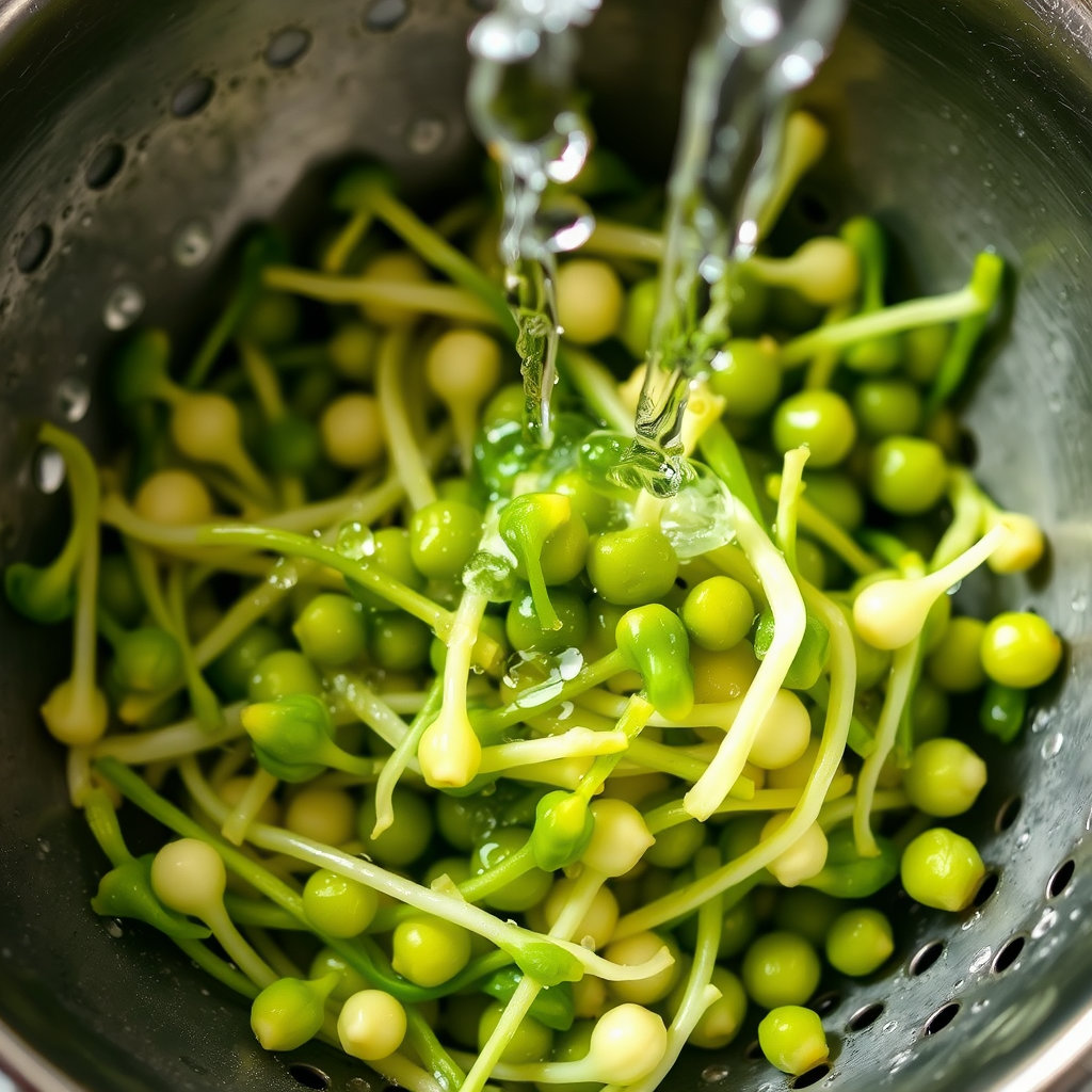 삶은 콩나물을 체에 밭쳐 찬물로 헹구는 모습을 담습니다. 물방울이 콩나물에 맺혀있거나 흐르는 물줄기가 보이면 신선하고 시원한 느낌을 줄 수 있습니다. 콩나물의 탱글탱글함이 잘 드러나도록 촬영합니다.