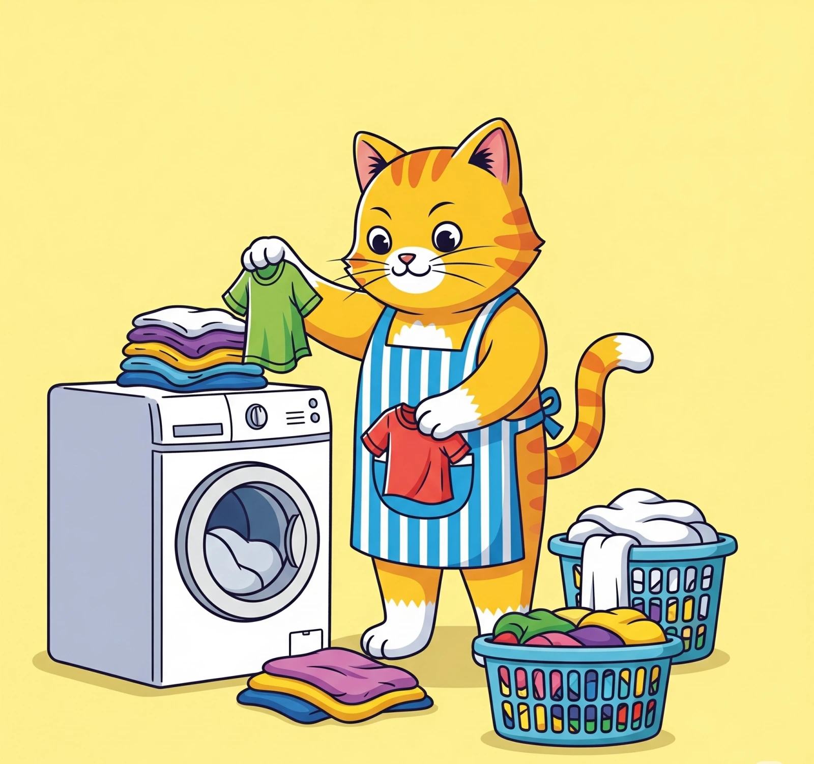 섬유 별로 세탁하기 위해 분류하는 고양이 그림, Cat illustration sorting clothes for washing by fabric
