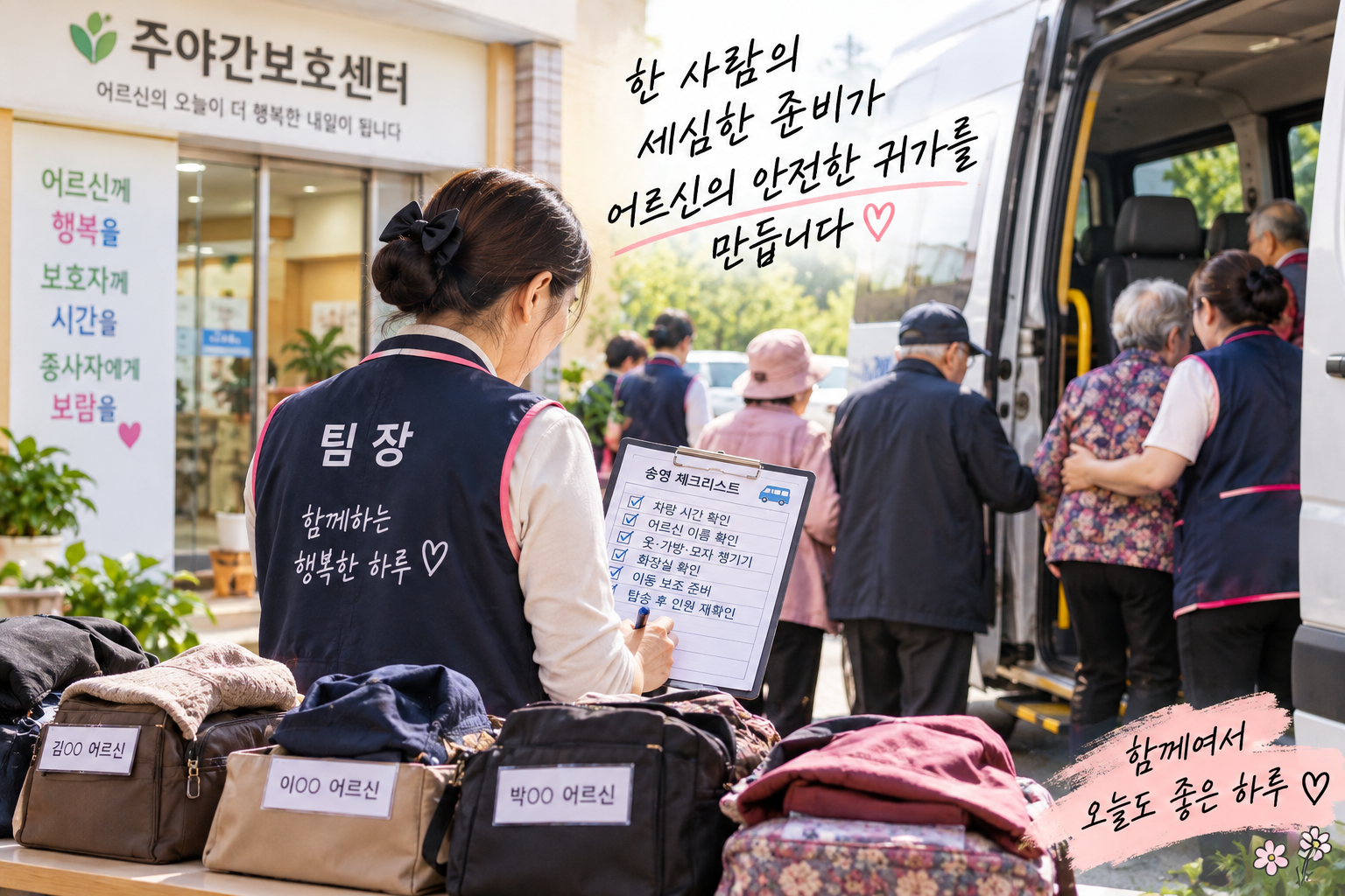 주야간보호센터에서 팀장님이 어르신들의 가방과 옷, 모자 등을 챙기고 송영 차량 탑승을 꼼꼼하게 준비하는 모습