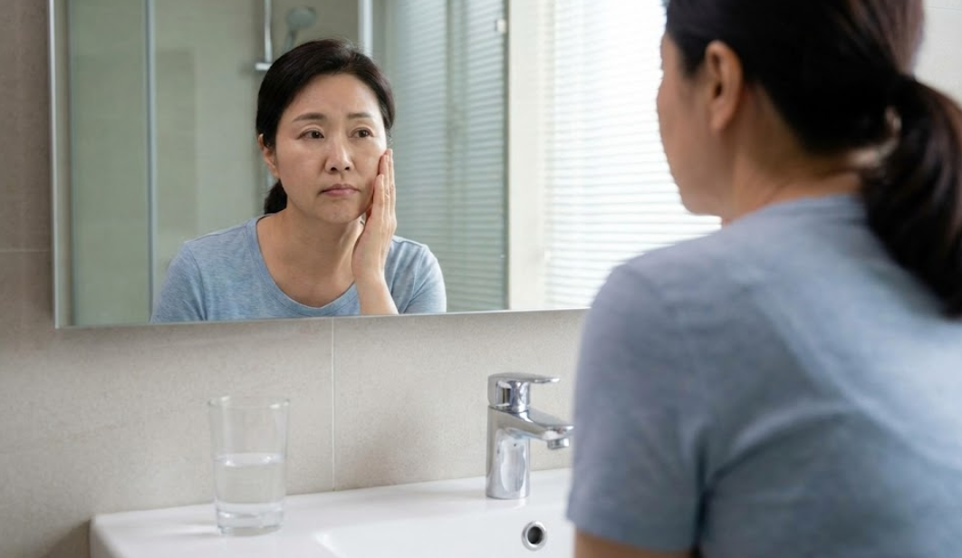 아침에 부은 얼굴을 보며 후회하는 중년의 모습