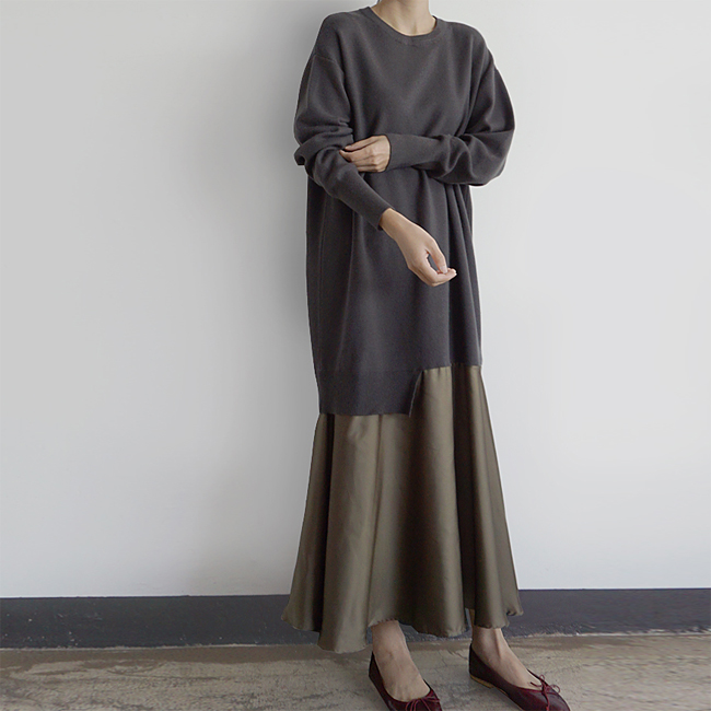 스페셜모닝 보들 새틴 배색 니트 원피스 엘레강스 니트 롱원피스