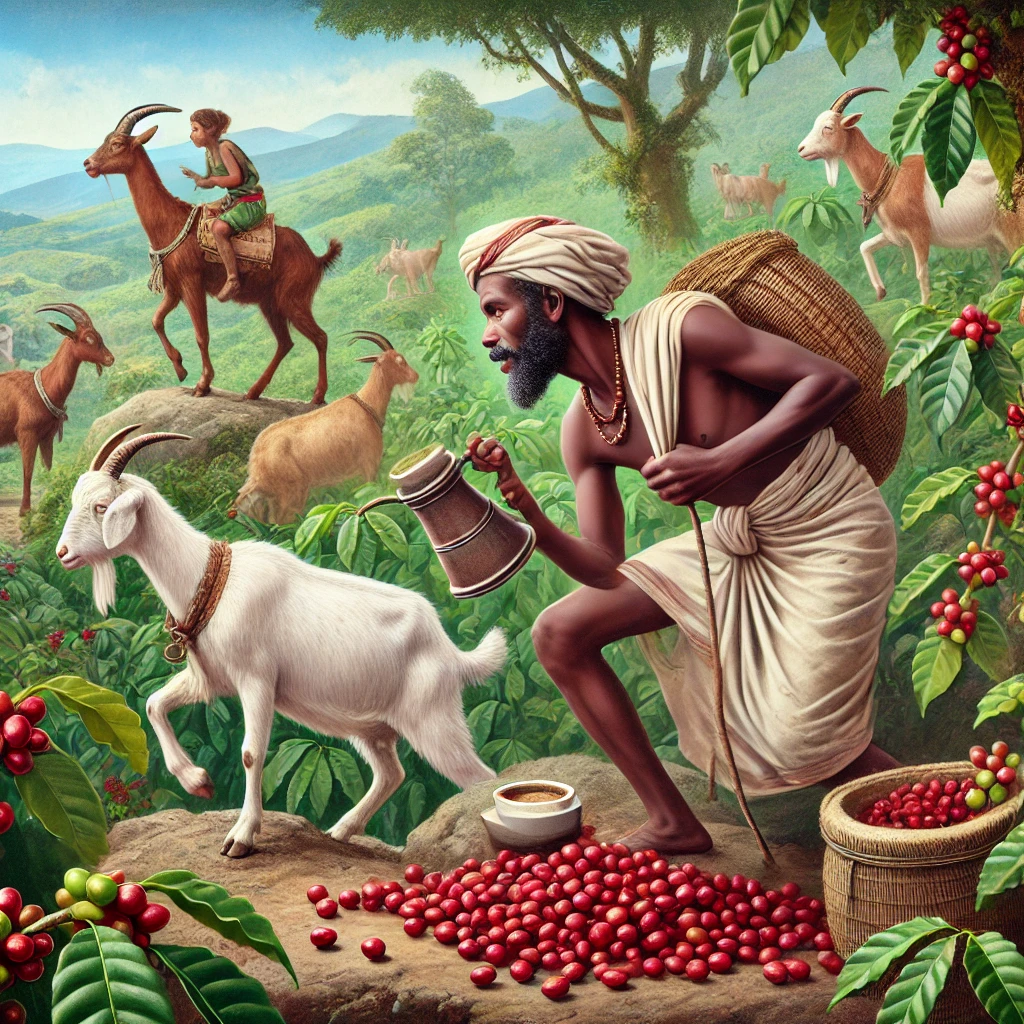 에티오피아의 목동 칼디가 커피 체리를 발견하는 장면