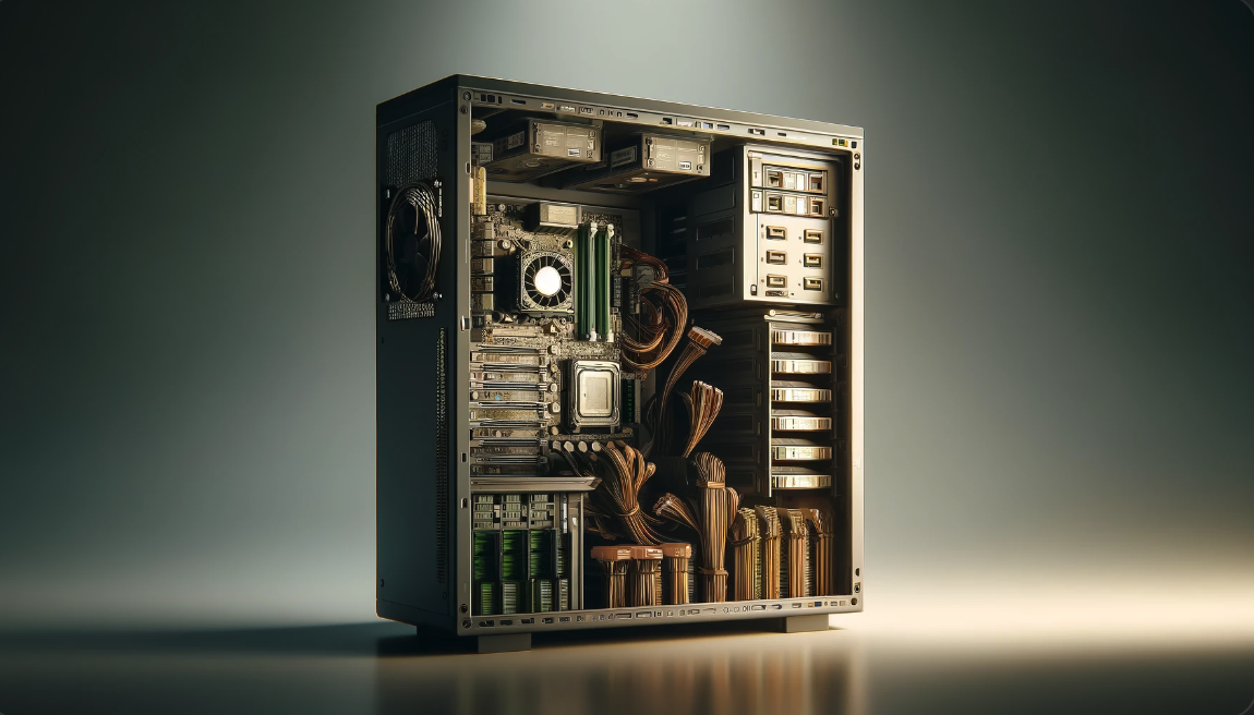 컴퓨터 케이스 내부의 정리된 모습, RAM 슬롯과 파워 서플라이 유닛이 보임