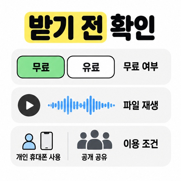 다운로드 전 무료 여부와 파일 재생 및 개인 사용과 공개 공유의 이용 조건을 확인하는 그림