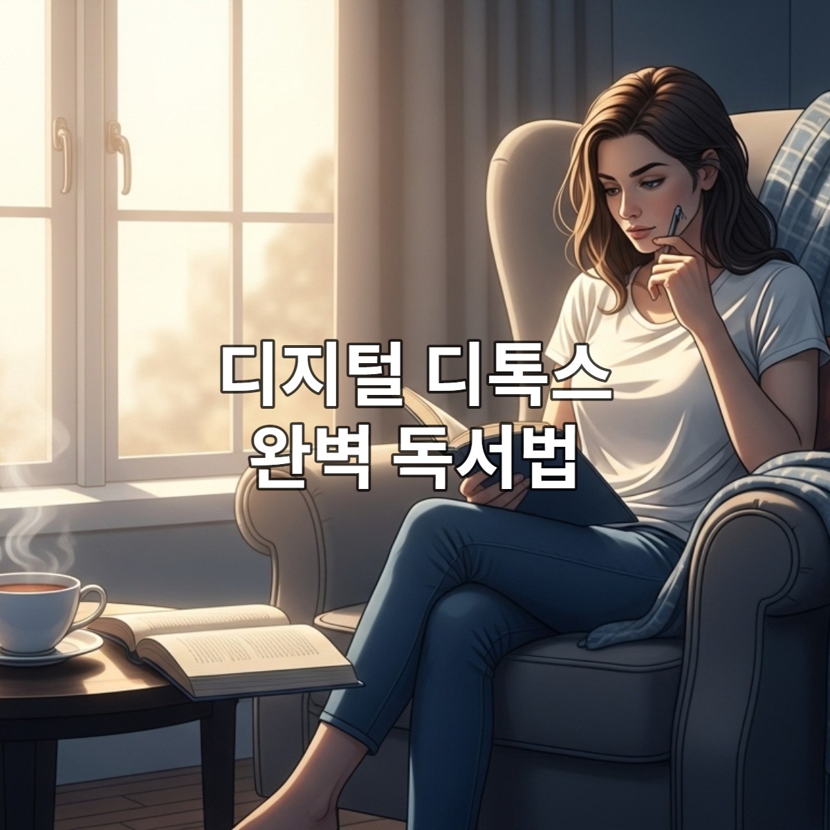 정돈된 책상에 종이책과 펜, 노트가 놓여있고 스마트폰 없는 조용한 독서 환경을 보여주는 모습.