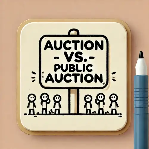 '경매 vs. 공매'라고 쓰여져 있는 푯말 아래 사람들이 모여있는 모습