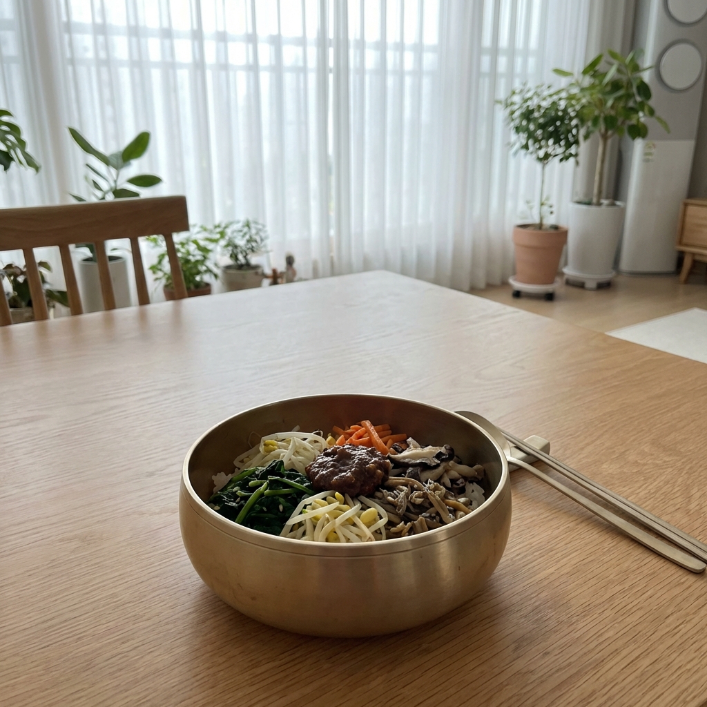 유기그릇에 담긴 선재스님 비빔밥, 햇살이 들어오는 거실 식탁 배경