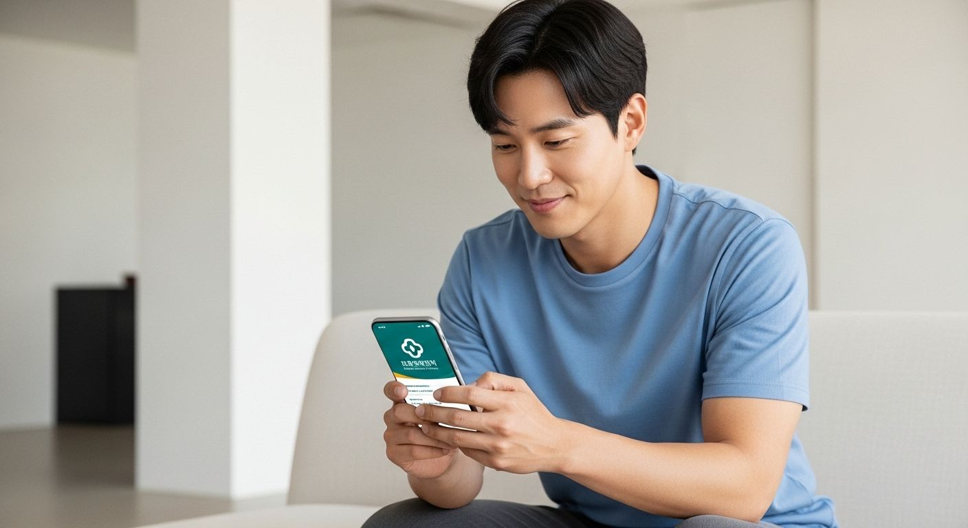 스마트폰으로 건강검진 대상자를 확인하고 있는 청년