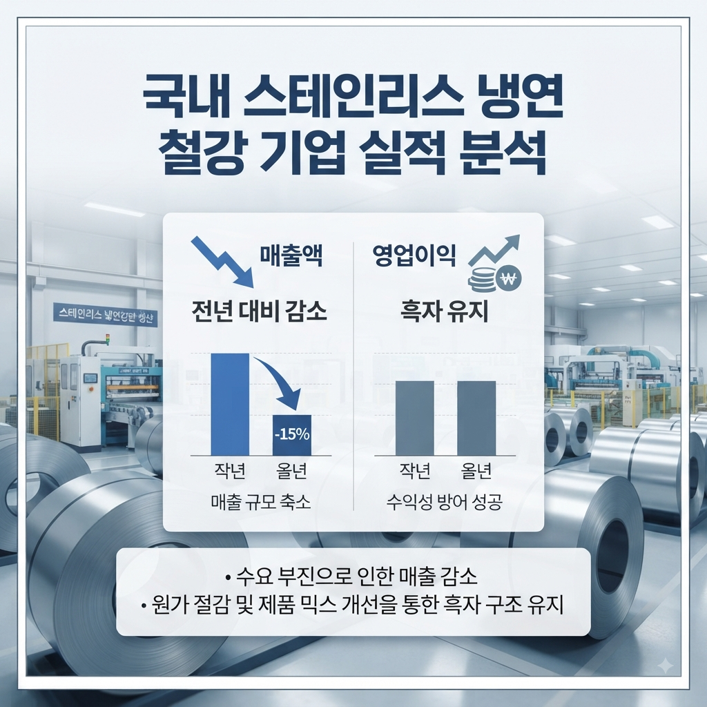 현대비앤지스틸의 매출과 영업이익 변화를 보여주는 철강 기업 재무 분석 이미지