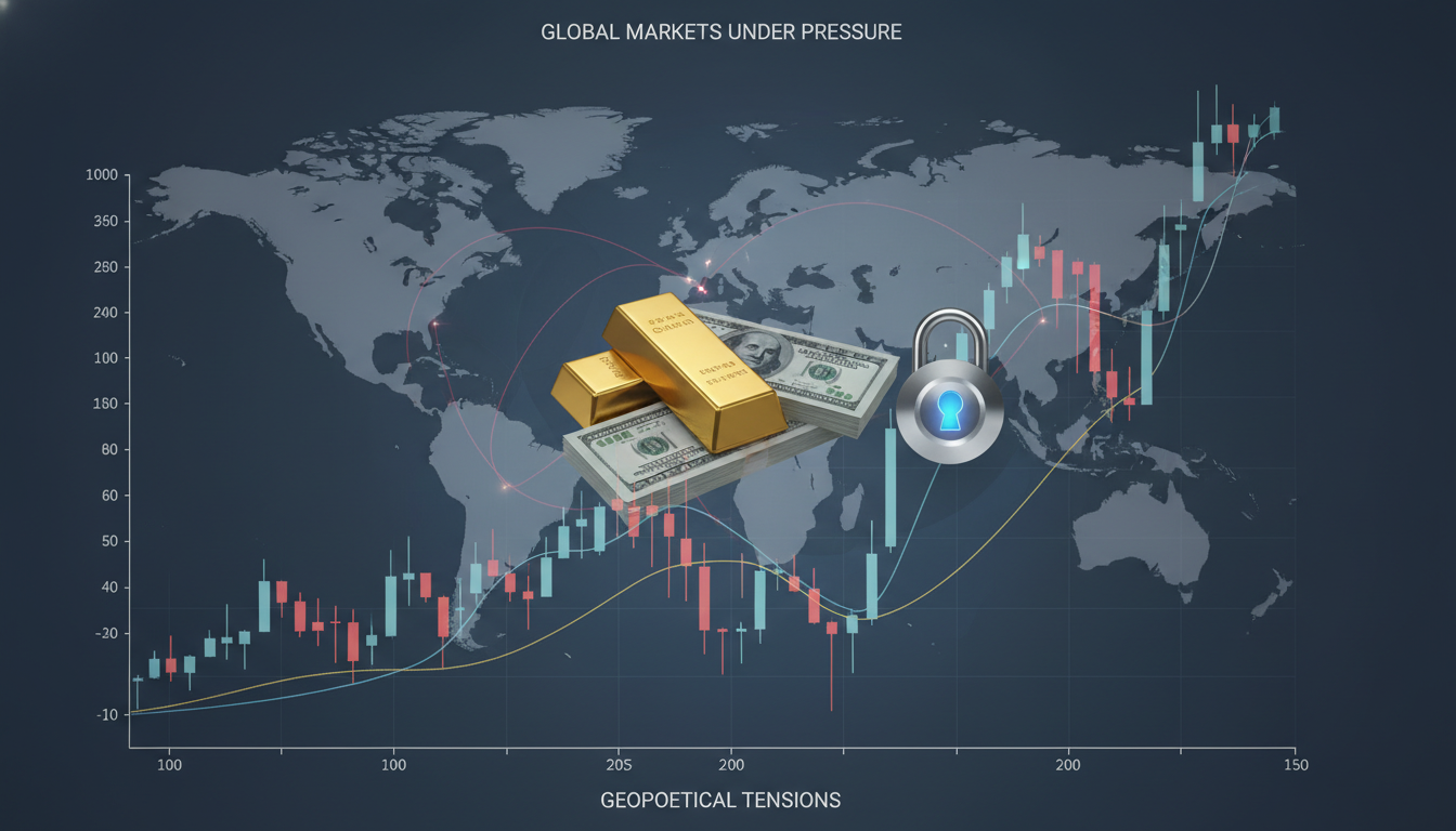 지정학적 긴장 속에서 주식 차트, 금괴, 달러화, 자물쇠 등 안전자산이 혼합되어 글로벌 금융 시장의 불안정성과 투자 전략을 상징하는 이미지.