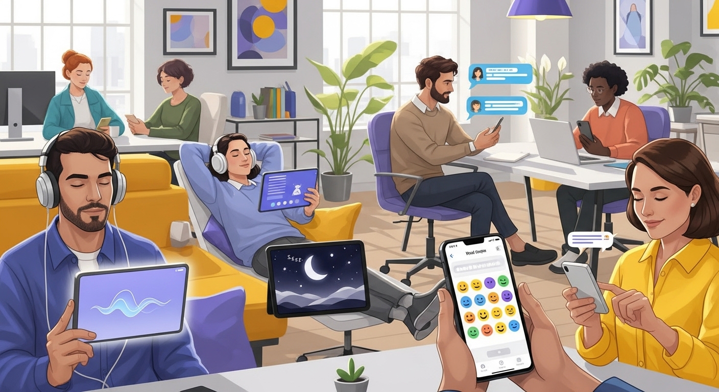 다양한 직장인들이 명상, 수면, 상담 등 여러 정신 건강 앱을 사용하는 모습을 담은 현대적인 일러스트.