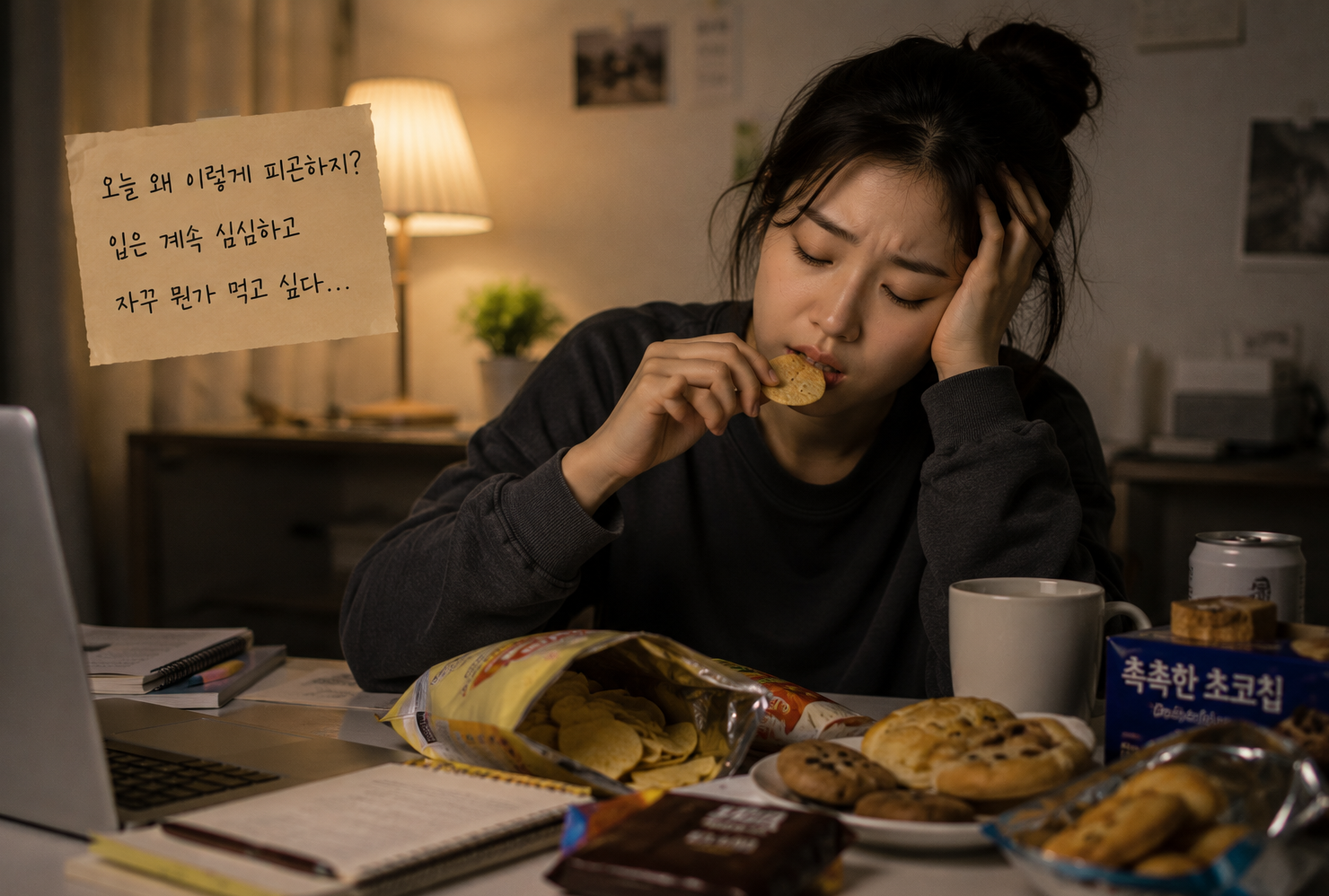 움직이는 시간은 줄고 스트레스를 먹는 걸로 푸는 여성이미지