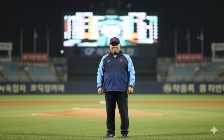 사직구장 전광판 앞에 서 있는 김태형 감독의 모습