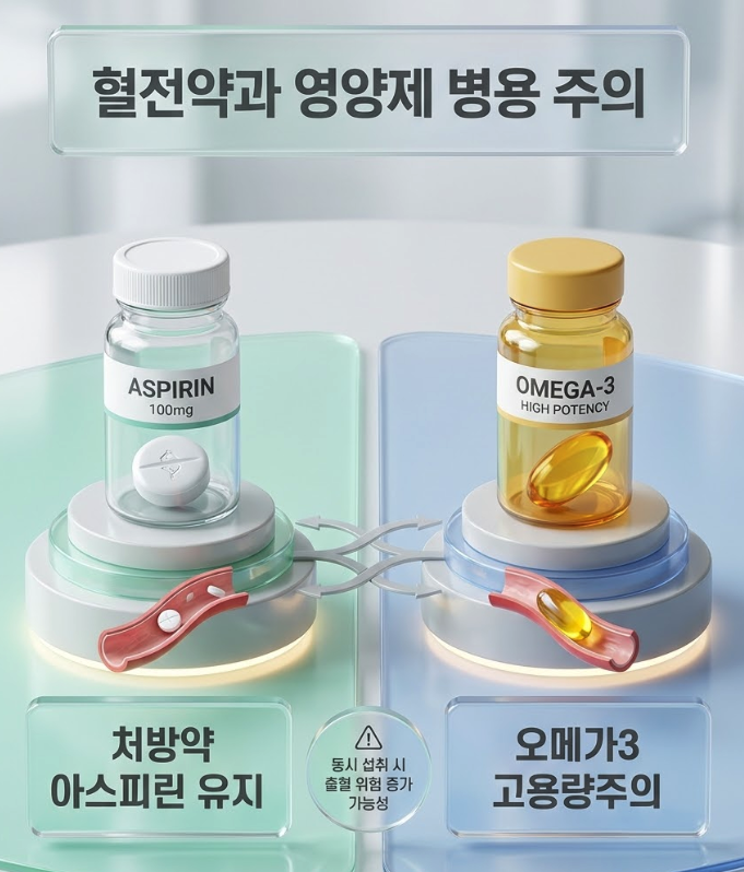 오메가3와 아스피린은 EPA·DHA 및 아세틸살리실산 성분이 든 지질 개선제 및 항혈전제 분류 제제로, 혈액 응고 억제와 지혈 시간 연장을 핵심작용합니다.