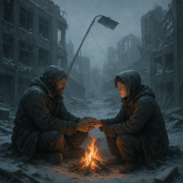 전쟁으로 폐허가 된 도시 한복판에서 두 사람이 모닥불을 피워 손을 맞잡고 체온을 나누며 서로를 위로하는 장면