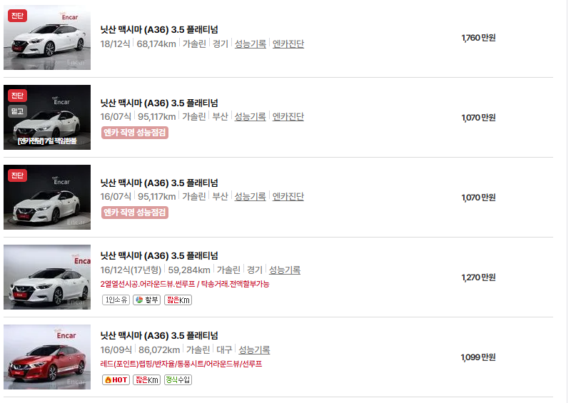 닛산 맥시마 중고차 가격 시세표 연비