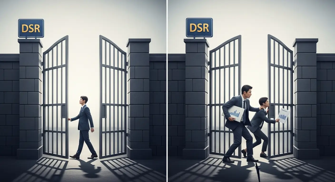 직장인과 개인 사업자의 DSR 한도 차이를 넓은 문과 좁은 문으로 비교하는 상징적인 이미지