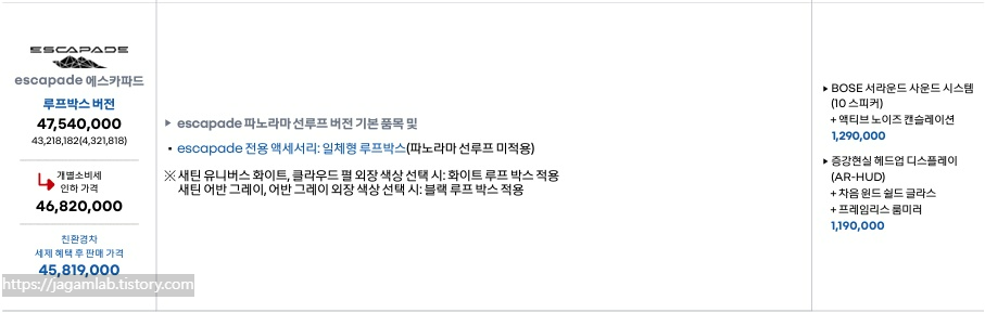 2026 그랑 콜레오스 하이브리드 E-TECH 에스카파드 루프박스 버전 가격 및 기본 품목