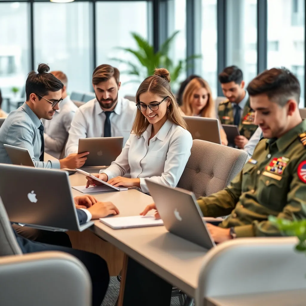 여러 연령대와 직종의 사람들이 각자의 자리에서 노트북이나 태블릿으로 맞춤형복지포털을 이용하는 모습입니다. 예를 들어, 공무원, 교사, 군인 등이 편안하게 포털을 탐색하는 모습을 현대적인 사무실 배경에서 표현합니다.