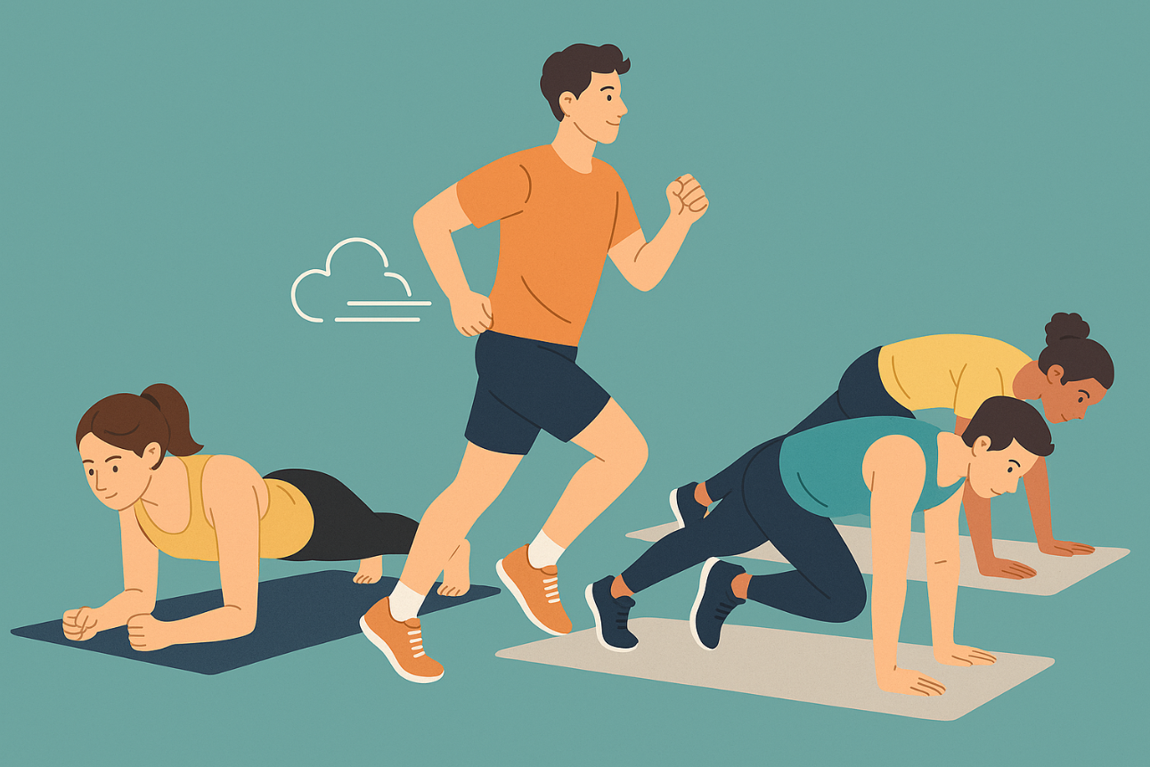 플랭크, 유산소, 복합운동을 상징하는 세 명의 인물이 각기 다른 운동을 하는 모습의 일러스트