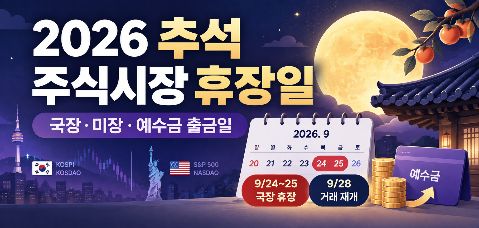 2026 추석 주식시장 휴장일 국장 미장 예수금 출금일 안내