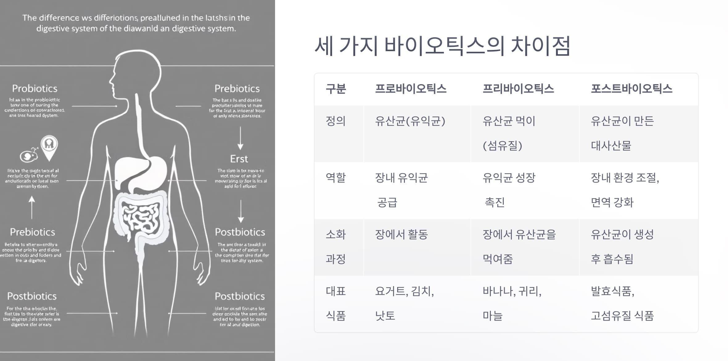 유산균, 유익균 먹이, 유산균 대사산물의 차이를 비교한 표