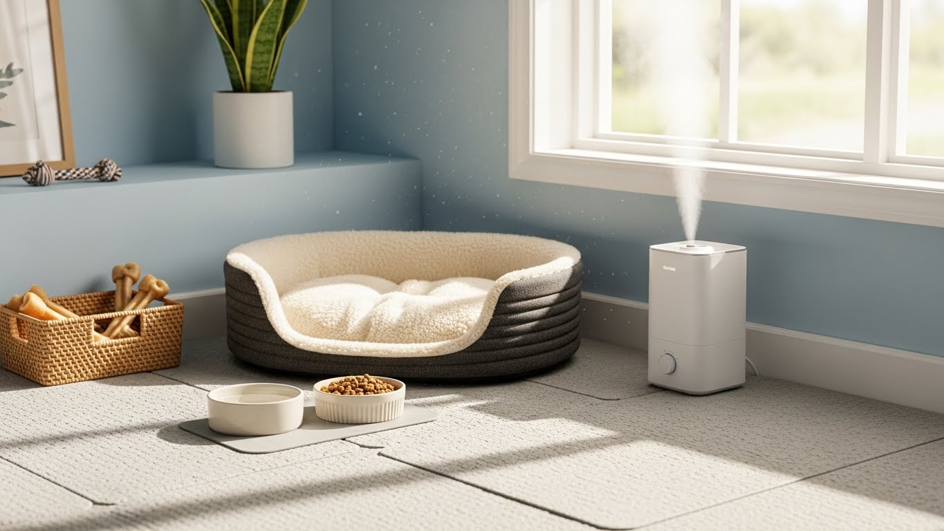 미끄럼 방지 매트가 깔린 쾌적한 반려동물 실내 환경