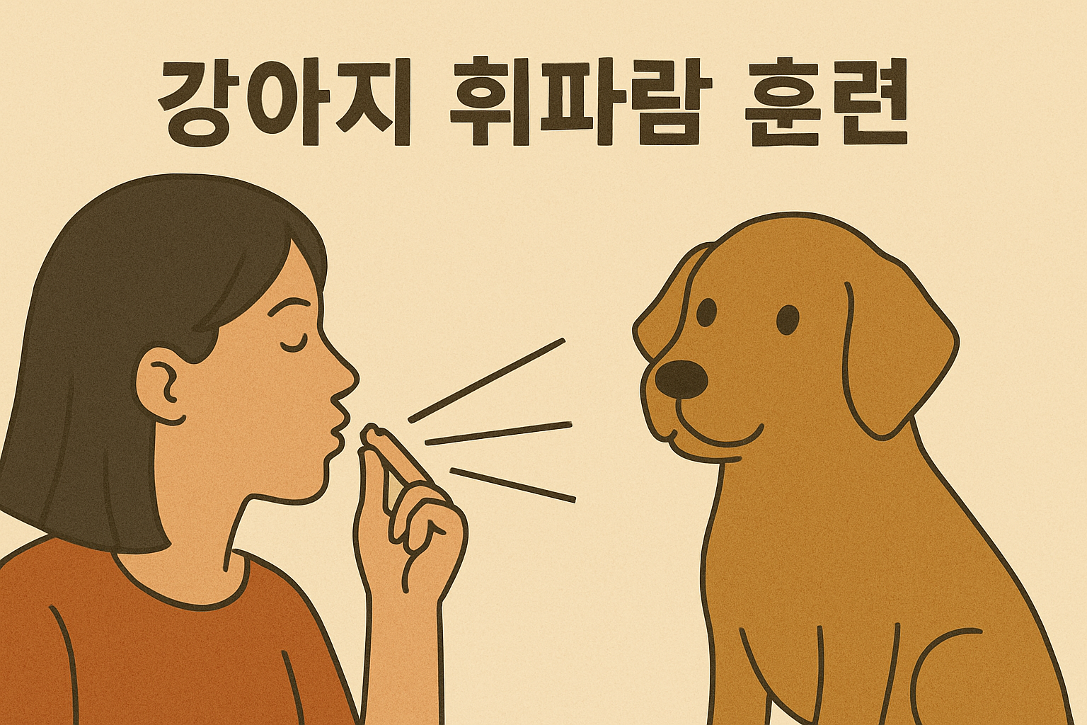 이 이미지는 ‘강아지 휘파람 훈련’을 주제로, 여성이 손가락을 이용해 휘파람을 불고 있으며, 앞에 앉은 강아지가 집중하는 모습을 담고 있습니다. 휘파람 소리를 시각적으로 표현한 선과 함께, 따뜻한 색조와 단순한 일러스트 스타일로 훈련 상황을 친근하고 이해하기 쉽게 그려냈습니다.