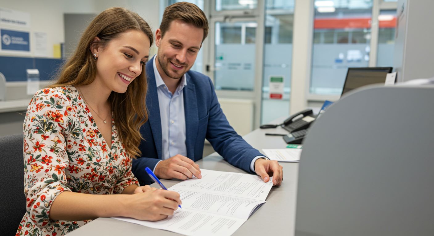 은행에서 대출 신청하는 고객 사진