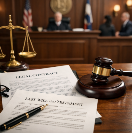 법률 문서와 법정 이미지