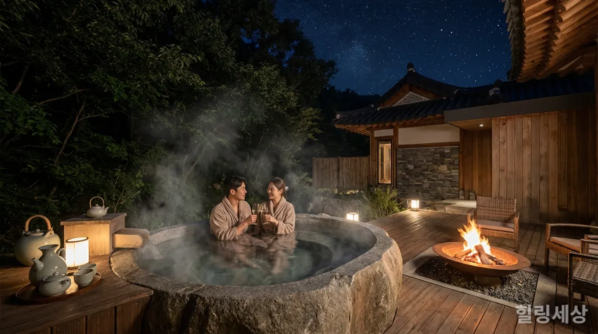 강원도 감성 숙소에서 프라이빗 노천탕과 불멍을 즐기는 커플