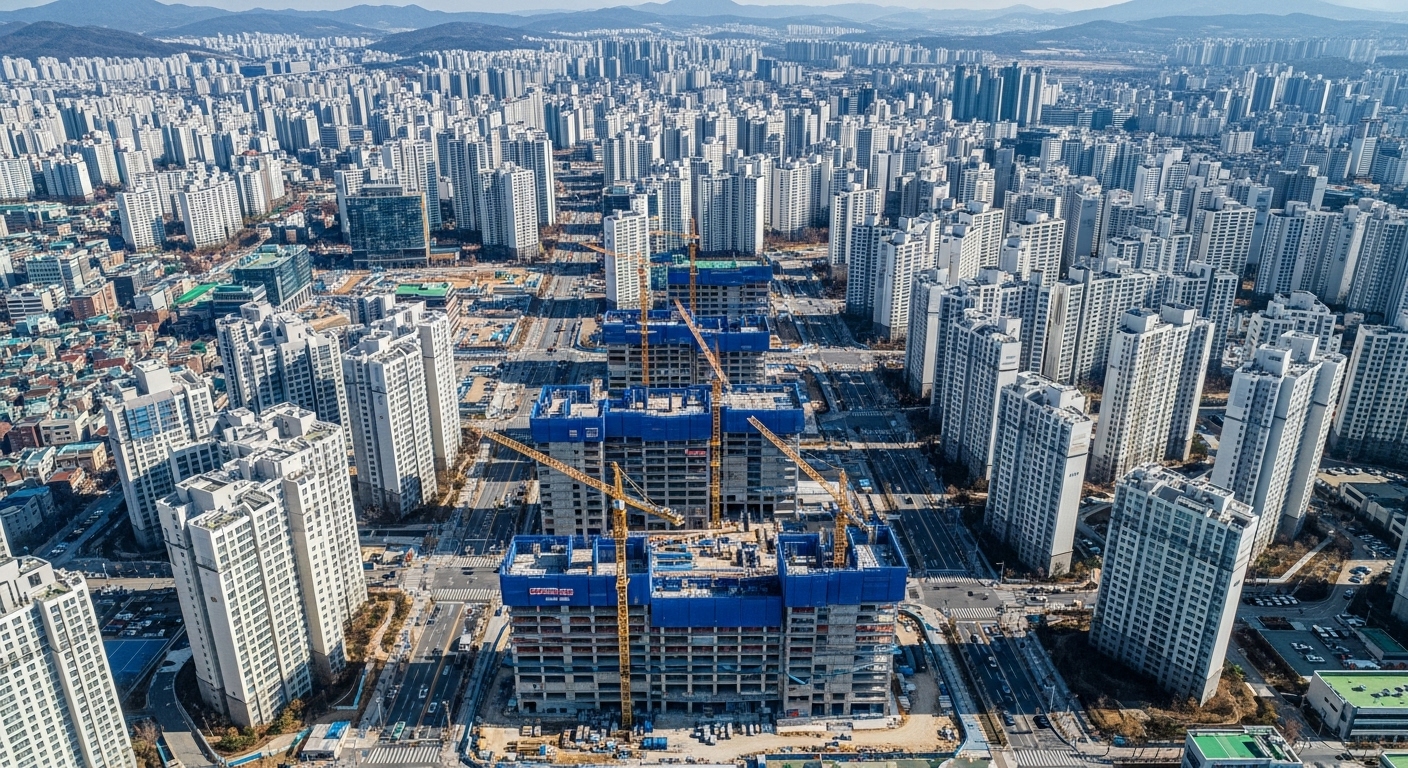 빽빽하게 들어선 서울의 고층 아파트 단지들과 건설 중인 건물들이 보이는 항공 사진.