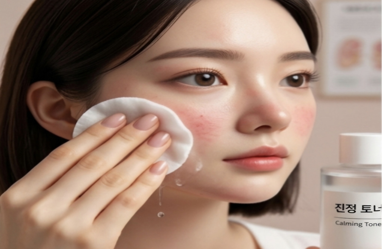 화장솜에 진정 토너를 묻혀 환절기에 붉고 예민해진 피부를 부드럽게 닦아내는 홈케어 스킨케어 과정 이미지