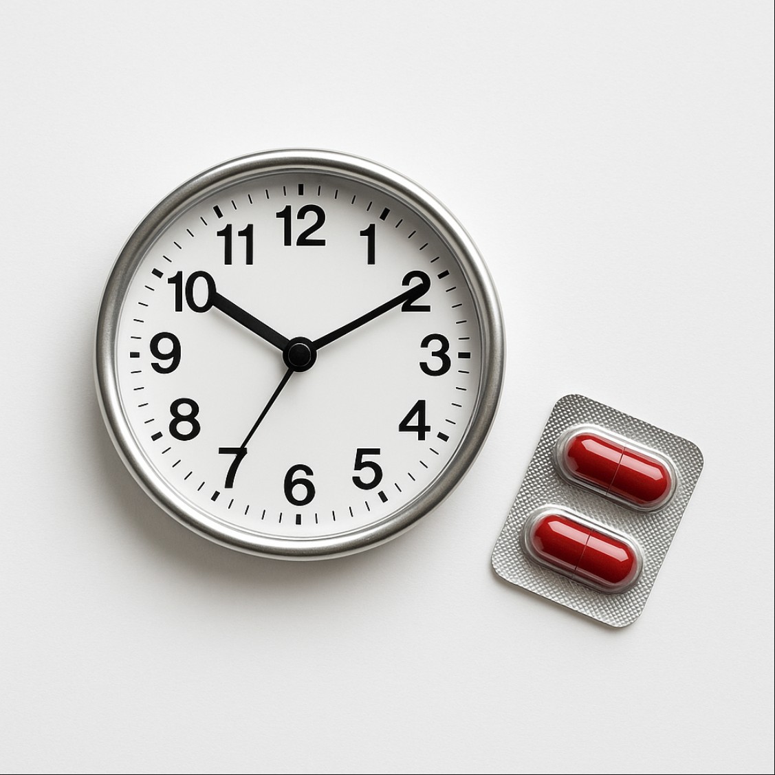 철분제 복용 시간을 상징하는 흰색 배경의 시계와 붉은 철분제 캡슐 이미지