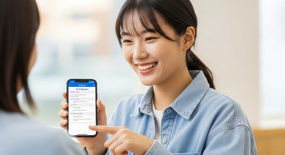 미소 짓는 한국인 노부부가 포인트 충전 안내문을 보는 모습