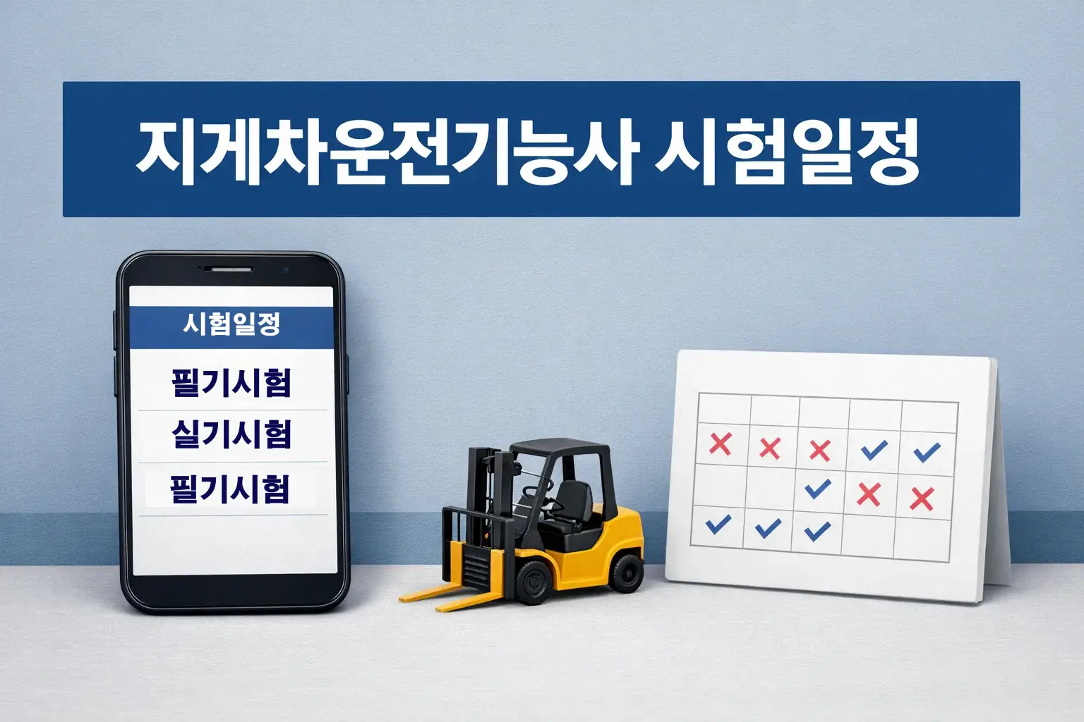 지게차운전기능사 실기시험 일정을 확인할 때 필기시험과 실기시험 구분, 접수 시기, 일정 확인 흐름을 함께 파악하도록 만든 썸네일 이미지