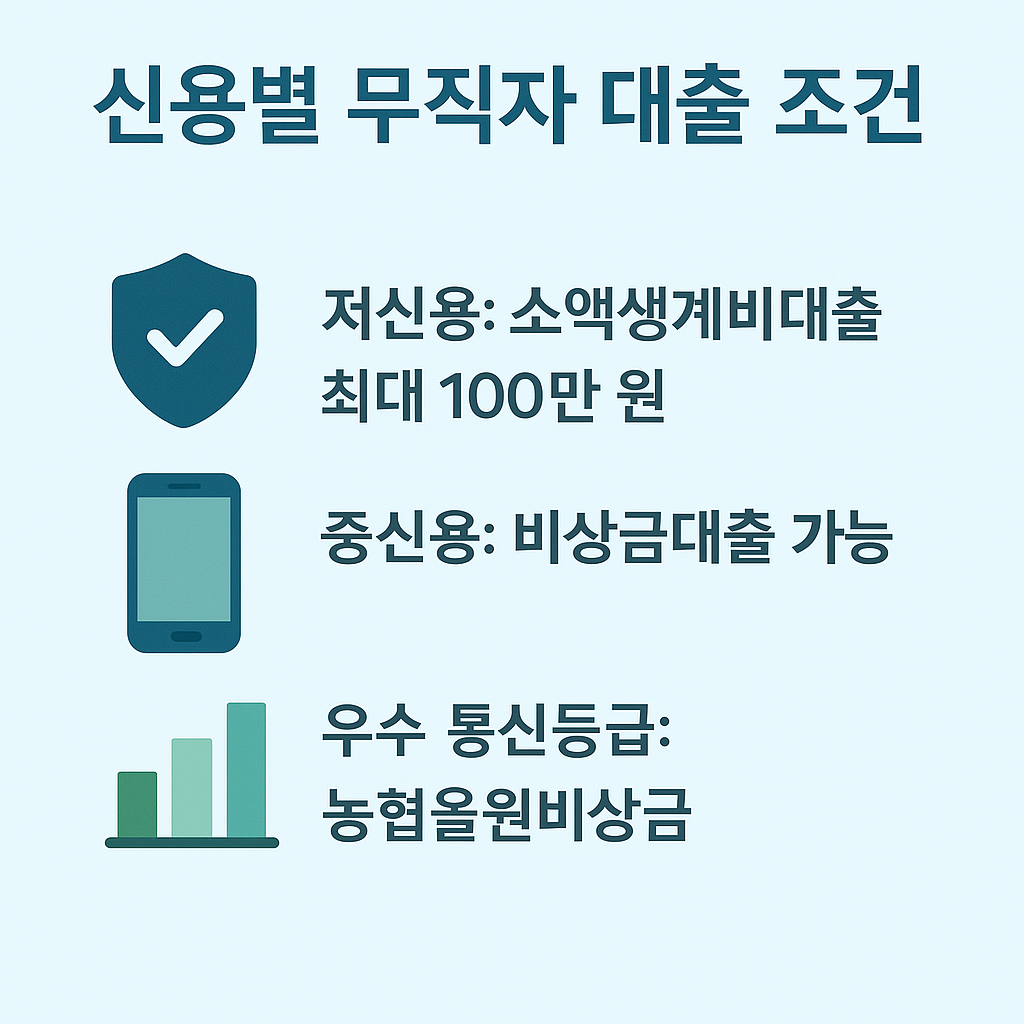 저신용&middot;중신용&middot;우수 통신등급별 무직자 대출 가능 상품과 대출 한도를 비교하는 인포그래픽