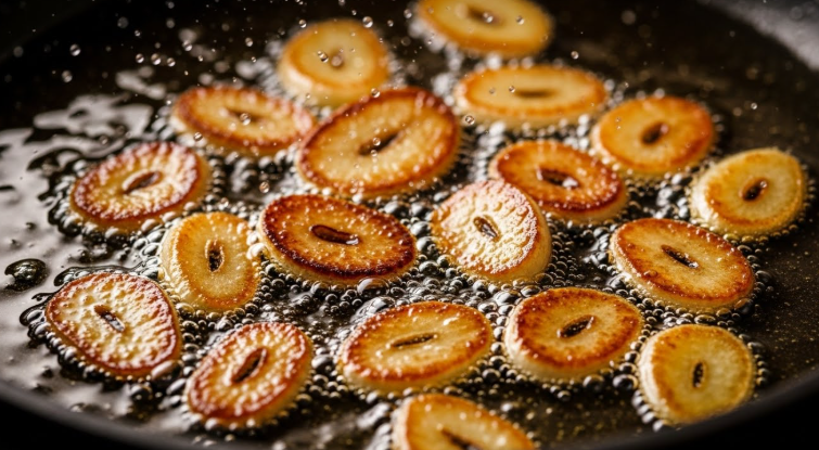 노릇노릇하게 익어가는 편 마늘과 지글거리는 기름의 모습