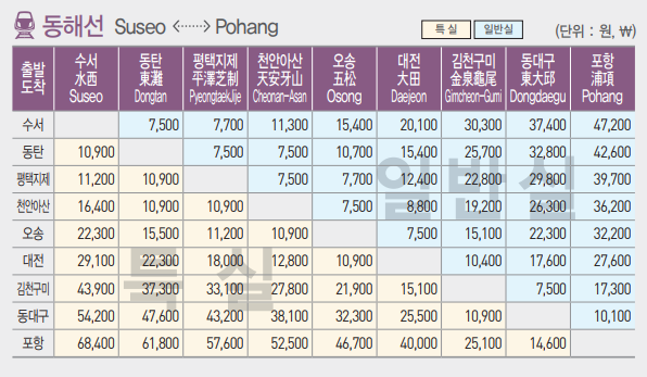 SRT 동해선 운임표