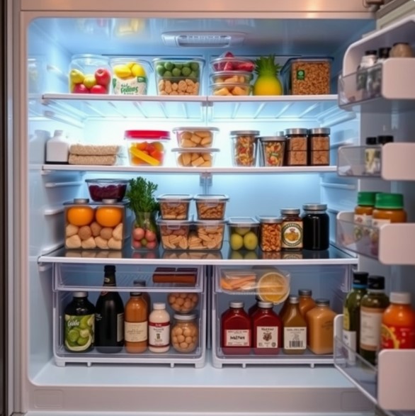 냉장고 내부가 깔끔하게 정리되어 있는 모습