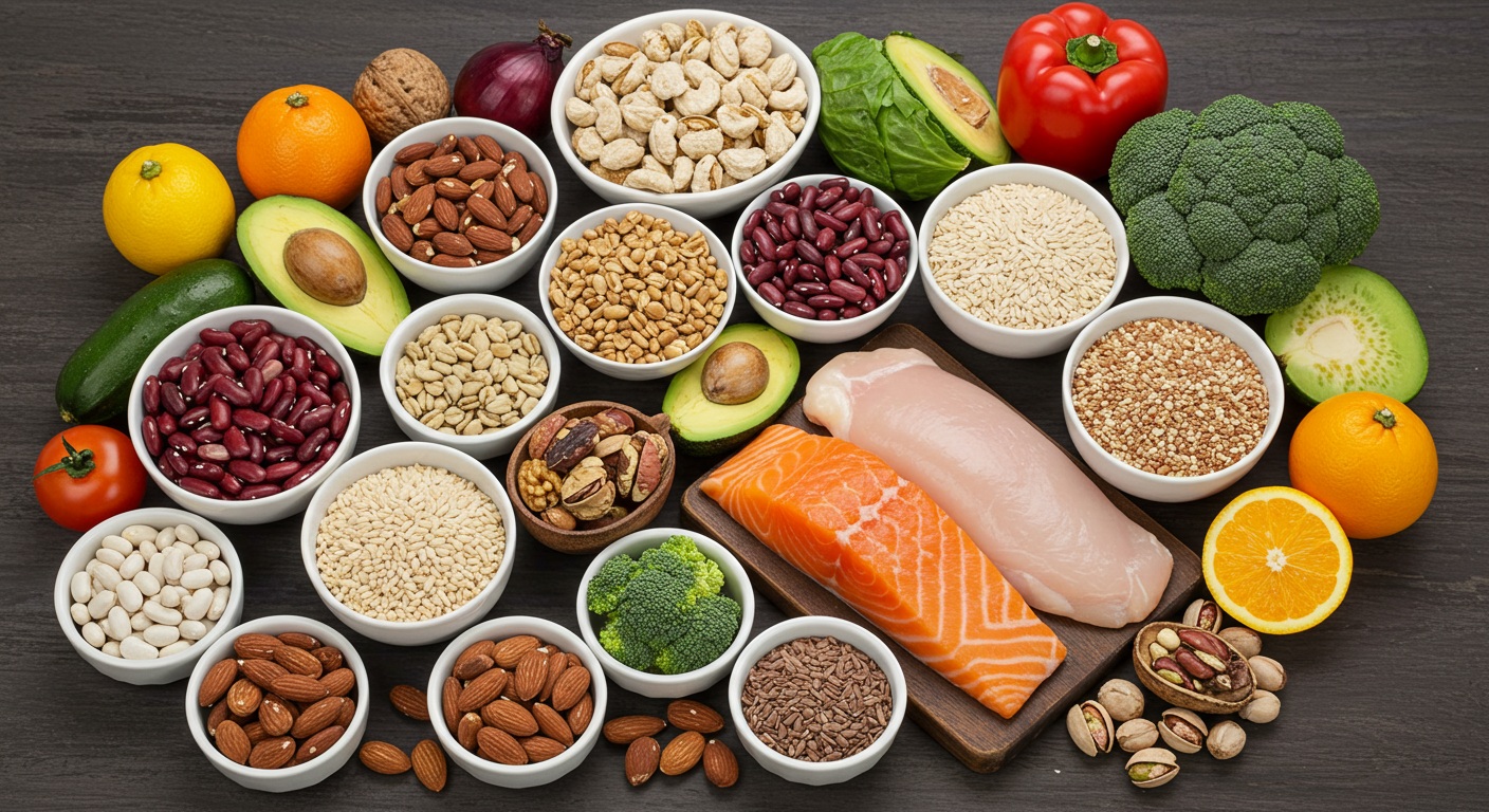 다양한 저혈당 식품들이 테이블에 정렬되어 있는 모습