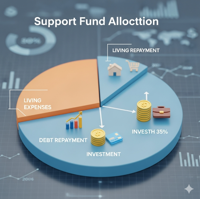 다양한 금융 자산과 부채를 상징하는 아이콘들이 포함된 파이 차트. 지원금이 부채 상환, 투자, 생활비 등으로 현명하게 나뉘는 모습을 보여준다.