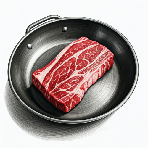 소고기 등심이 팬에 올려져 있다