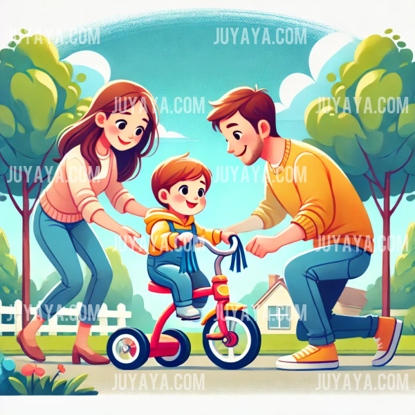 부모가 집 앞 도로에서 아이가 세발자전거를 타도록 도와주는 모습. 배경에 푸른 하늘과 나무가 보인다.