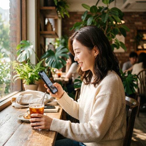 햇살이 가득 들어오는 아늑한 카페 내부에서 한 한국인 젊은 여성이 아이스 아메리카노 잔을 든 채 스마트폰 화면을 보며 환하게 미소 짓고 있는 모습. 부드러운 아웃포커싱 배경으로 초록색 식물들이 보이며, 일상 속에서 편안하게 데이터를 이용하는 라이프스타일을 자연스럽게 포착한 8k 초고해상도 사진