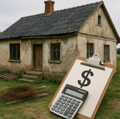 낡은 시골 단층집 외벽이 벗겨지고 균열이 보이는 모습, 앞에는 수리 견적을 상징하는 계산기와 클립보드가 놓여 있는 전원 풍경