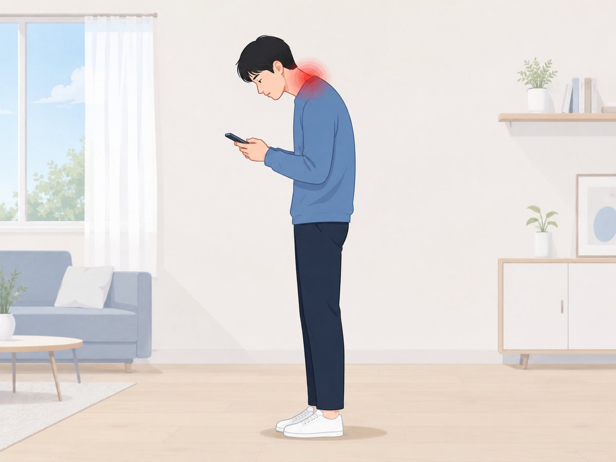 거실에 서서 고개를 깊이 숙이고 스마트폰을 보는 남성의 옆모습, 목 뒤에 통증 표시
