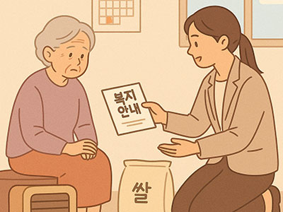 어르신에게 &lsquo;복지 안내&rsquo;를 전달하는 상담 장면이 따뜻한 일러스트로 표현되어 있다.