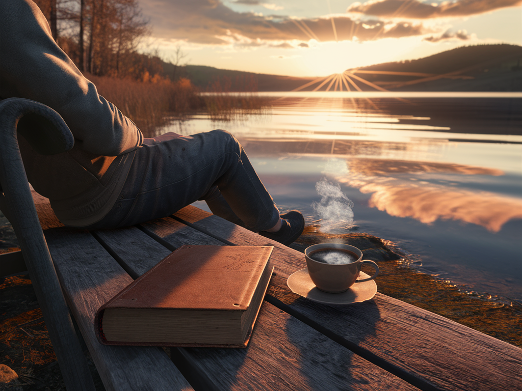 고요한 호숫가에서 책과 커피를 두고 혼자만의 시간을 보내는 사람의 모습