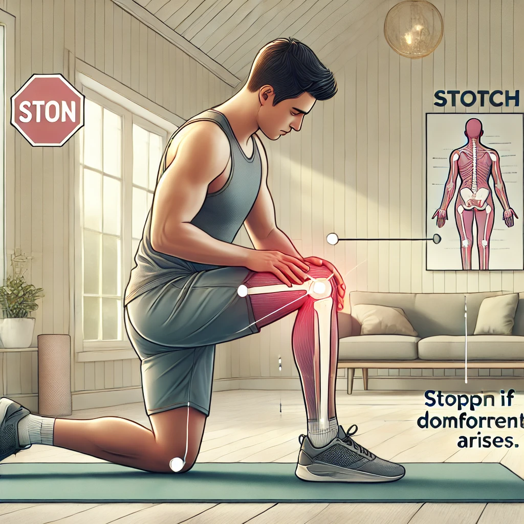 운동복을 입은 사람이 요가 매트 위에서 올바른 자세로 무릎 스트레칭을 수행하는 장면. 통증 발생 시 중단을 알리는 주의 표식과 안전한 동작 방향을 강조한 일러스트.